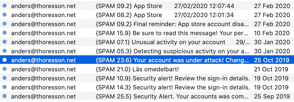 Skärmdump från inkorgen i mitt mailprogram.