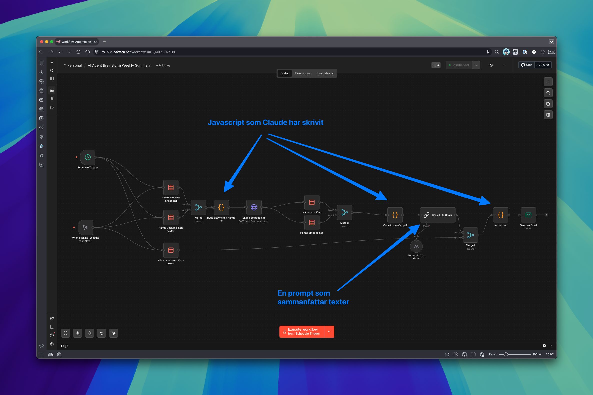 Claude hjälper både till med att skapa n8n-flödet och utföra steg i det.