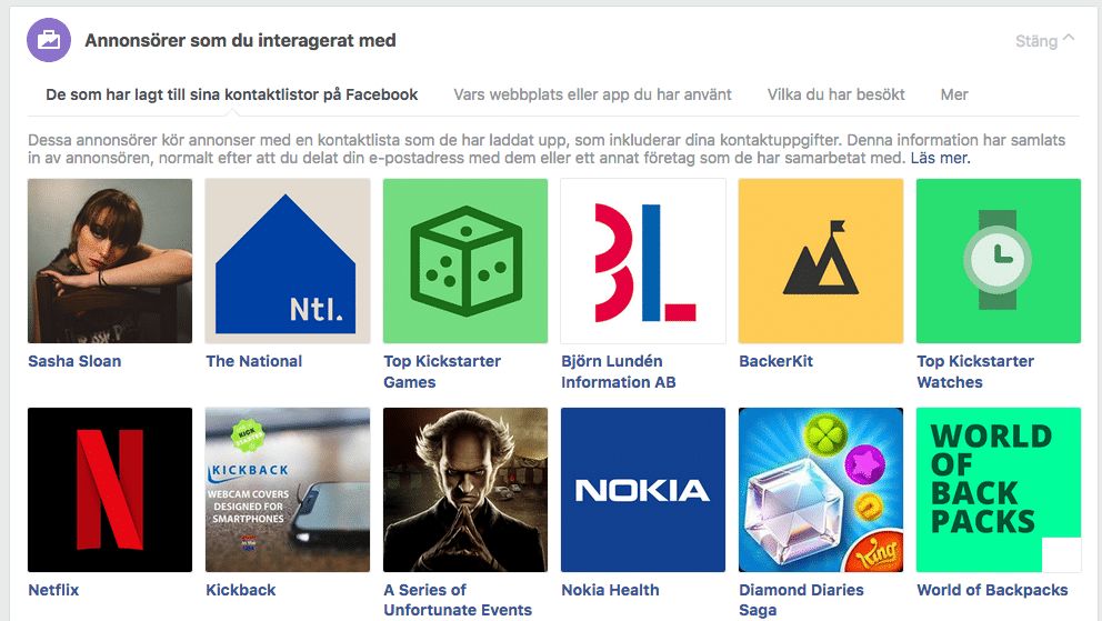 Skärmdump från Facebook som visar vilka annonsörer jag interagerat med.